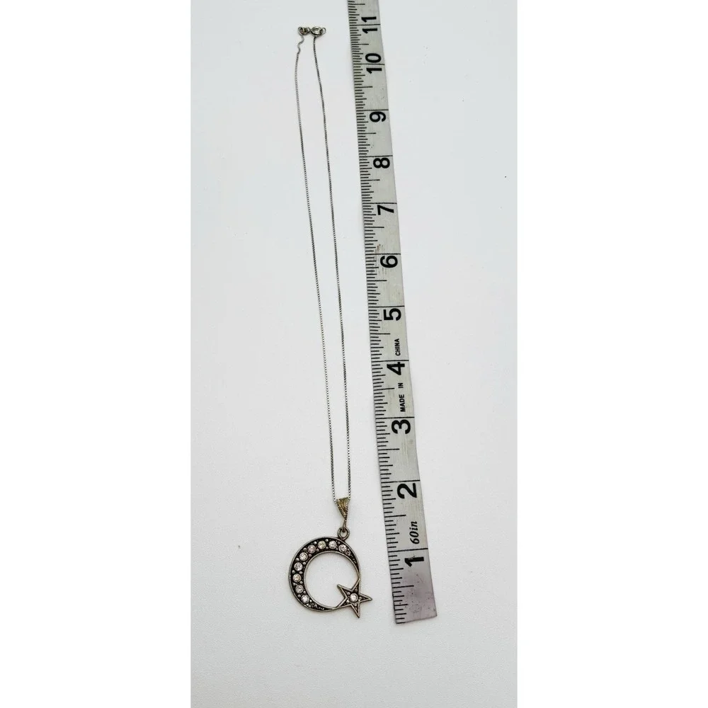 925 Sterling Silver Moon Star CZ Pendant Necklace + Layered Charm Chain‎ Set